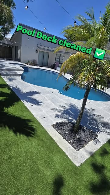 Freshly cleaned pool deck with a bright, spotless paver surface around the pool.