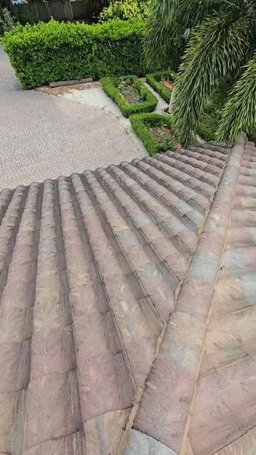 A tile roof stained and faded with algae before cleaning.